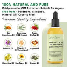 Load image into Gallery viewer, Nomara Organics Hair Growth Oil Serum with Caffeine, Biotin, Rosemary -100mL + Travel Bottle. 100% Natural, Potent Elexir, Anti-hair Loss, Regrowth, Vegan -