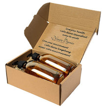 Load image into Gallery viewer, 2pcs Amber Glass Soap Dispenser Boxed Set, 300 ml by Nomara Organics®. Nestled on straw, BPA-free lockable pumps, spare caps. Eco-friendly, Reusable, ideal for a Gift, Organic products, Lotion, Handwash, Bathroom or Kitchen.