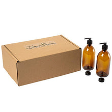 Load image into Gallery viewer, 2pcs Amber Glass Soap Dispenser Boxed Set, 300 ml by Nomara Organics®. Nestled on straw, BPA-free lockable pumps, spare caps. Eco-friendly, Reusable, ideal for a Gift, Organic products, Lotion, Handwash, Bathroom or Kitchen.
