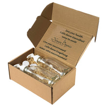 Load image into Gallery viewer, Nomara Organics® Countertop Soap Dispensers, 2 x 300 ml Clear Glass. Nestled on straw, boxed, White Pumps & 2 caps. Reusable, eco-friendly, ideal for organic hand wash-lotion-shampoo-bathroom