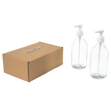 Load image into Gallery viewer, Nomara Organics® Countertop Soap Dispensers, 2 x 300 ml Clear Glass. Nestled on straw, boxed, White Pumps & 2 caps. Reusable, eco-friendly, ideal for organic hand wash-lotion-shampoo-bathroom