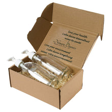 Load image into Gallery viewer, Nomara Organics® Countertop Soap Dispensers, 2 x 300 ml Clear Glass. Nestled on straw, boxed, White Pumps & 2 caps. Reusable, eco-friendly, ideal for organic hand wash-lotion-shampoo-bathroom