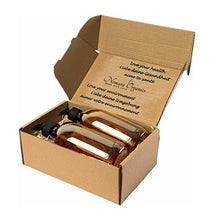 Load image into Gallery viewer, Boxed Amber Glass Soap Dispenser set, 2 x 500ml by Nomara Organics®. Nestled on Straw, fitted BPA-free Lockable pumps & Leakproof caps. Eco-friendly, Reusable, perfect for a Gift, Bathroom, Organic Lotion, Handwash, Conditioner, Essential Oil blends.