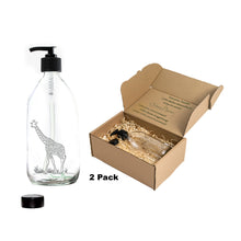 Load image into Gallery viewer, Nomara Organics® Giraffe Clear Glass Soap & Lotion Dispenser 2 x 300 ml set. Set is Laser Engraved with Giraffe motifs, fitted with BPA-free Lockable pumps & Non-leak lids/caps.