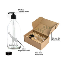 Load image into Gallery viewer, Nomara Organics® Giraffe Clear Glass Soap & Lotion Dispenser 2 x 300 ml set. Set is Laser Engraved with Giraffe motifs, fitted with BPA-free Lockable pumps & Non-leak lids/caps.