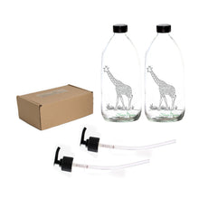 Load image into Gallery viewer, Nomara Organics® Giraffe Clear Glass Soap & Lotion Dispenser 2 x 300 ml set. Set is Laser Engraved with Giraffe motifs, fitted with BPA-free Lockable pumps & Non-leak lids/caps.