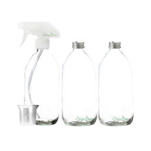 Load image into Gallery viewer, Nomara Organics Clear Glass Spray Bottles - 3pcs of 300 ml set. Fine mist Durable trigger Pumps + beaker & caps. Refillable, Tough glass for Ironing, Laundry, Kitchen, Cleaning Solutions, DIY, Essential oils.