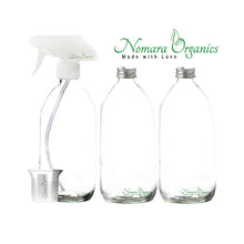Load image into Gallery viewer, Nomara Organics Clear Glass Spray Bottles - 3pcs of 300 ml set. Fine mist Durable trigger Pumps + beaker & caps. Refillable, Tough glass for Ironing, Laundry, Kitchen, Cleaning Solutions, DIY, Essential oils.