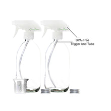 Load image into Gallery viewer, Nomara Organics Clear Glass Spray Bottles - 3pcs of 300 ml set. Fine mist Durable trigger Pumps + beaker & caps. Refillable, Tough glass for Ironing, Laundry, Kitchen, Cleaning Solutions, DIY, Essential oils.