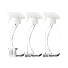 Load image into Gallery viewer, Nomara Organics Clear Glass Spray Bottles - 3pcs of 300 ml set. Fine mist Durable trigger Pumps + beaker & caps. Refillable, Tough glass for Ironing, Laundry, Kitchen, Cleaning Solutions, DIY, Essential oils.