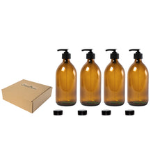 Load image into Gallery viewer, Countertop Amber Glass Soap Dispensers, 4 x 300ml by Nomara Organics®. Lockable Pumps/Caps, BPA-free, Eco-friendly, Reusable for Gift-Bathroom- Organic Lotion-Handwash-Oils & Serums-Aromatherapy-Facewash-Travel
