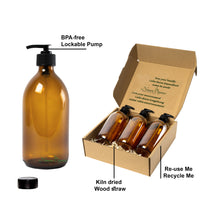 Load image into Gallery viewer, Nomara Organics Soap Dispensers set, 3 x 500ml Amber Glass. BPA-free lockable pumps, caps, Eco-friendly, Reusable. Perfect for a gift, Kitchen, Bathroom, Organic Hand-wash, Sanitizer dispenser, Cleaning, Face-wash