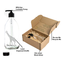 Load image into Gallery viewer, Nomara Organics® Giraffe Clear Glass Sanitizer & Soap Dispenser 2 x 500 ml set. Laser Engraved with permanent Giraffe motifs, fitted with BPA-free Lockable pumps & Non-leak caps.