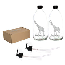 Load image into Gallery viewer, Nomara Organics® Giraffe Clear Glass Sanitizer & Soap Dispenser 2 x 500 ml set. Laser Engraved with permanent Giraffe motifs, fitted with BPA-free Lockable pumps & Non-leak caps.