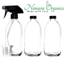 Load image into Gallery viewer, Clear Glass Spray Bottles 3 x 500ml by Nomara Organics®. Fitted with BPA-free trigger Pumps, Polycone leakproof caps + a BPA-free beaker. Eco-friendly, Refillable perfect for misting plants, Organic products, Oil-vinegar, Cleaning, Essential oils