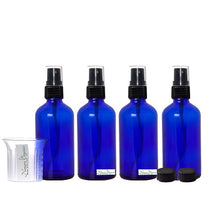 Load image into Gallery viewer, Nomara Organics® Blue Glass Leak Proof Atomizer Spray Bottles 4 x 30ml. Black Atomiser-Sprayers + beaker-reusable-herbal-lotion-aromatherapy-essential oil-serum-crafts