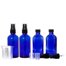 Load image into Gallery viewer, Nomara Organics® Blue Glass Leak Proof Atomizer Spray Bottles 4 x 30ml. Black Atomiser-Sprayers + beaker-reusable-herbal-lotion-aromatherapy-essential oil-serum-crafts
