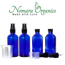 Load image into Gallery viewer, Nomara Organics® Blue Glass Leak Proof Atomizer Spray Bottles 4 x 30ml. Black Atomiser-Sprayers + beaker-reusable-herbal-lotion-aromatherapy-essential oil-serum-crafts