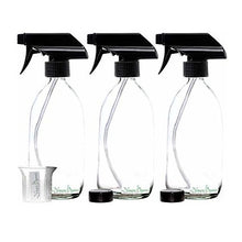 Load image into Gallery viewer, Clear Glass Spray Bottles 3 x 500ml by Nomara Organics®. Fitted with BPA-free trigger Pumps, Polycone leakproof caps + a BPA-free beaker. Eco-friendly, Refillable perfect for misting plants, Organic products, Oil-vinegar, Cleaning, Essential oils