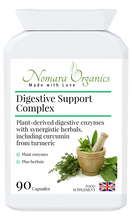 Load image into Gallery viewer, Nomara Organics Digestive Support Complex. 90 capsules of plant-derived enzymes, herbs & curcumin. Dairy & gluten-free and Kosher approved.
