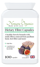 Load image into Gallery viewer, Nomara Organics Dietary Fibre Capsules. A blend of insoluble and soluble fibres from psyllium husk and apple pectin. For relief of constipation, diarrhroea, heamorrhoids and IBS.