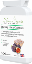 Load image into Gallery viewer, Nomara Organics Dietary Fibre Capsules. A blend of insoluble and soluble fibres from psyllium husk and apple pectin. For relief of constipation, diarrhroea, heamorrhoids and IBS.