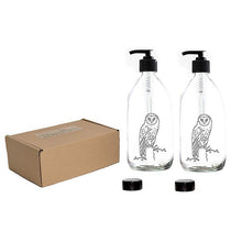 Load image into Gallery viewer, Nomara Organics® Clear Glass Soap & Lotion Dispenser set 2 x 300 ml. Laser Engraved Owl motifs, BPA-free, Lockable Soap/Lotion Pumps, Boxed in Straw. Eco-friendly, Reusable for a Gift- Kitchen-Bathroom-Organic Handwash-Oils & Serums-Aromatherapy