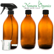 Load image into Gallery viewer, Premium BPA-Free Amber Glass Spray Bottles 3 x 500ml by Nomara Organics®. Durable Trigger Pumps & leakproof caps, Eco-friendly, Refillable ideal for Organic Beauty & Cleaning products, Kitchen, Bathroom, Essential oils, Plant, Pet & Hair care
