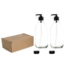 Load image into Gallery viewer, Clear Glass Lotion & Soap Dispensers 2 x 500ml Boxed set by Nomara Organics®. Nestled on straw, fitted with BPA-free Lockable pumps & 2 Spare Non-leak caps. Reusable, Eco-friendly, ideal for a Gift, Organic products, Handwash, Cleaning, Bathroom, Kitchen