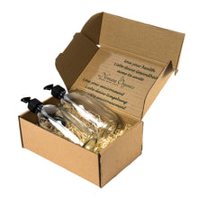 Load image into Gallery viewer, Clear Glass Lotion & Soap Dispensers 2 x 500ml Boxed set by Nomara Organics®. Nestled on straw, fitted with BPA-free Lockable pumps & 2 Spare Non-leak caps. Reusable, Eco-friendly, ideal for a Gift, Organic products, Handwash, Cleaning, Bathroom, Kitchen