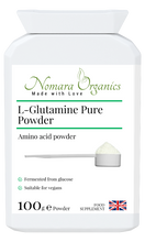 Load image into Gallery viewer, L-Glutamine Pure Powder. 100g powder of the most abundant amino acid in the body.  Is the building block for cell structure in muscle, gut, internal organs, skin and hair.