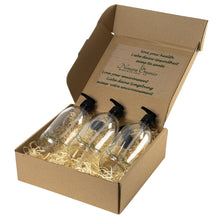 Load image into Gallery viewer, Countertop Glass Soap & Lotion Dispensers 3 x 500ml by Nomara Organics®. Fitted with BPA-free Lockable Pumps & 3 Non-leak, airtight caps. Multipurpose, Eco-friendly, Reusable & ideal for a Gift, Handwash, Bathroom, Kitchen