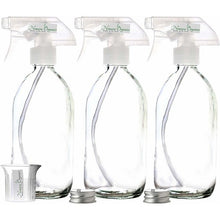 Load image into Gallery viewer, 3pc Clear Glass Spray Bottles - 500m by Nomara Organics®. BPA-Free, lockable trigger pump, Caps + BPA beaker. Eco-friendly, Multipurpose, Refillable, perfect for Cleaning, Kitchen, Bathroom, Plant & flower mist, Pet care, DIY