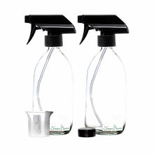 Load image into Gallery viewer, Nomara Organics® Clear Glass Spray Bottles 2 x 500ml. With black BPA-free, Non-leak Caps and trigger Pumps. Reusable, Eco-friendly, ideal for a Gift, Kitchen, Bathroom, Spraying Plants, Pet care & DIY