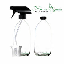 Load image into Gallery viewer, Nomara Organics® Clear Glass Spray Bottles 2 x 500ml. With black BPA-free, Non-leak Caps and trigger Pumps. Reusable, Eco-friendly, ideal for a Gift, Kitchen, Bathroom, Spraying Plants, Pet care & DIY