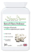 Load image into Gallery viewer, Nomara Organics Bowel Flora Defence. A multi-strain of 8 live cultures - Strength 20 billion viable organisms per capsule. For a healthy gut and immunity.