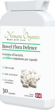 Load image into Gallery viewer, Nomara Organics Bowel Flora Defence. A multi-strain of 8 live cultures - Strength 20 billion viable organisms per capsule. For a healthy gut and immunity.