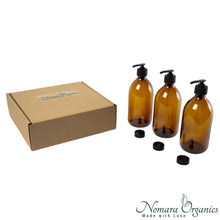 Load image into Gallery viewer, Nomara Organics Soap Dispensers set, 3 x 500ml Amber Glass. BPA-free lockable pumps, caps, Eco-friendly, Reusable. Perfect for a gift, Kitchen, Bathroom, Organic Hand-wash, Sanitizer dispenser, Cleaning, Face-wash