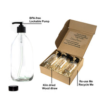 Load image into Gallery viewer, Nomara Organics® Lotion & Soap Dispensers 3 x 300ml Clear Glass. Eco-friendly, Reusable perfect for Bathroom, Kitchen, Organic products, Face wash, Handwash. Aromatherapy, Oil, Cleaning, Essential oil blends, Shampoo