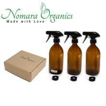 Load image into Gallery viewer, Nomara Organics® Amber Glass Spray Flask 3 x 300ml. Boxed, on straw, 3 pumps & Caps. Eco-friendly, Re-usable for Gift-Birthday, Organic products for Hair care, Cleaning, Bathroom. Kitchen, DIY