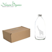 Load image into Gallery viewer, 1pc Giraffe Laser Engraved Glass Spray Bottle 500ml by Nomara Organics®. Nestled on straw, BPA-free pump. Re-usable, ideal for a Gift, Bathroom, Kitchen, Flower vase, Ornament, Hair care, Room sprays, Essential oil blends, Cleaning