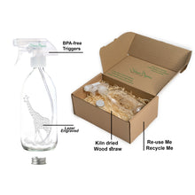 Load image into Gallery viewer, 1pc Giraffe Laser Engraved Glass Spray Bottle 500ml by Nomara Organics®. Nestled on straw, BPA-free pump. Re-usable, ideal for a Gift, Bathroom, Kitchen, Flower vase, Ornament, Hair care, Room sprays, Essential oil blends, Cleaning