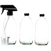 Load image into Gallery viewer, Clear Glass Spray Bottles 3 x 500ml by Nomara Organics®. Fitted with BPA-free trigger Pumps, Polycone leakproof caps + a BPA-free beaker. Eco-friendly, Refillable perfect for misting plants, Organic products, Oil-vinegar, Cleaning, Essential oils