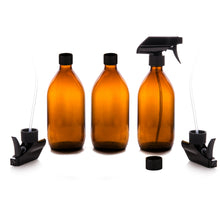 Load image into Gallery viewer, Amber Glass Spray Bottles 3 x 500ml by Nomara Organics®. Eco-friendly, BPA-free, Reusable for Cleaning-Aromatherapy-Essential Oils-Plants-Hair-Pet care & DIY.