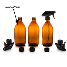 Load image into Gallery viewer, Amber Glass Spray Bottles 3 x 500ml by Nomara Organics®. Eco-friendly, BPA-free, Reusable for Cleaning-Aromatherapy-Essential Oils-Plants-Hair-Pet care & DIY.