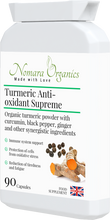 Load image into Gallery viewer, Nomara Organics Turmeric Anti-Oxidant Supreme 90 capsules. Pure organic turmeric with curcumin, black pepper & ginger. Supports immunity, energy & cognitive function.