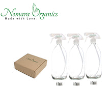 Load image into Gallery viewer, Nomara Organics Clear Glass Spray Bottles 300ml 3pc Set - Empty, Lockable, Leak-proof Pumps + Caps, FBA-free, Eco-friendly, Re-usable for a Gift, Hair care, Cleaning Solutions, Aromatherapy, Arts & Crafts, DIY Products.
