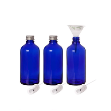 Load image into Gallery viewer, Premium 100ml Glass Leak Proof Atomizer Spray Bottles by Nomara Organics - Pack of 3 in Cobalt Blue Glass with Atomiser Sprays + BPA- Free Transfer Funnel & 2 x Leak proof Silver Caps.