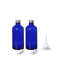 Load image into Gallery viewer, Premium 100ml Glass Leak Proof Atomizer Spray Bottles by Nomara Organics - Pack of 3 in Cobalt Blue Glass with Atomiser Sprays + BPA- Free Transfer Funnel & 2 x Leak proof Silver Caps.