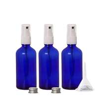 Load image into Gallery viewer, Premium 100ml Glass Leak Proof Atomizer Spray Bottles by Nomara Organics - Pack of 3 in Cobalt Blue Glass with Atomiser Sprays + BPA- Free Transfer Funnel & 2 x Leak proof Silver Caps.